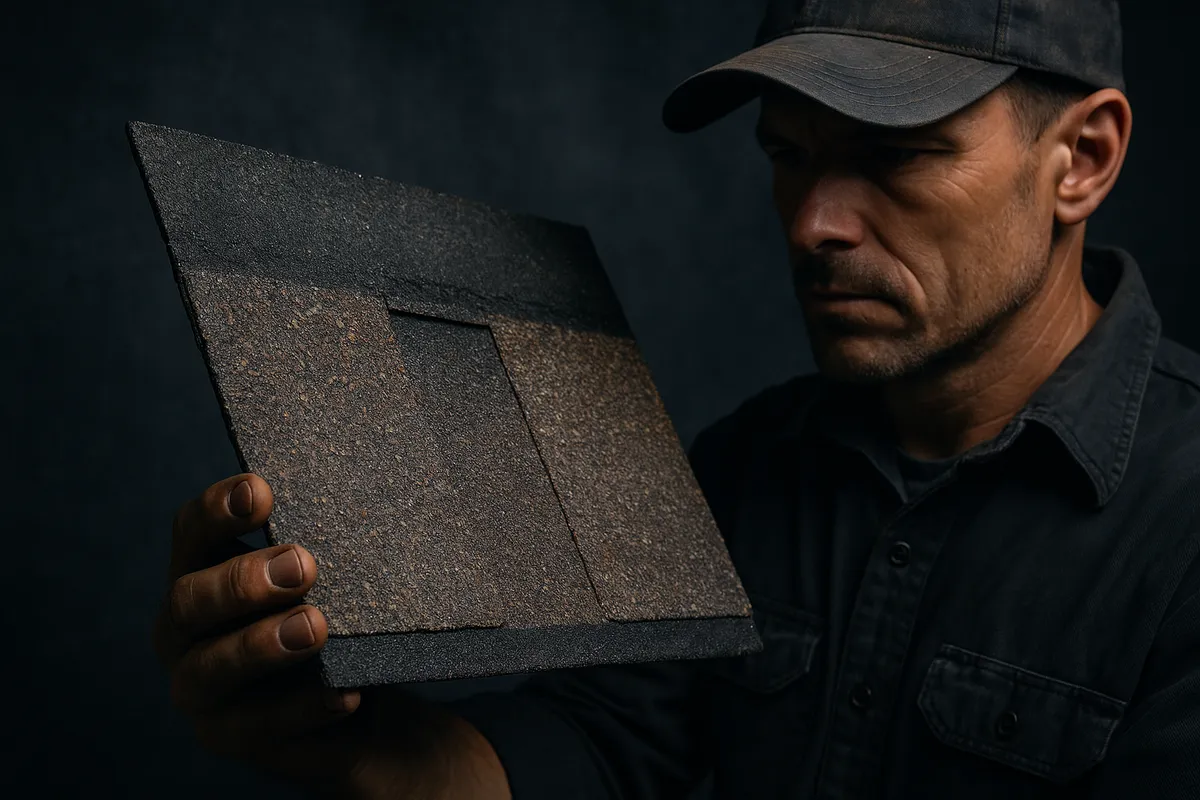 A contractor inspects a weathered asphalt shingle, highlighting quality and craftsmanship in roofing materials.