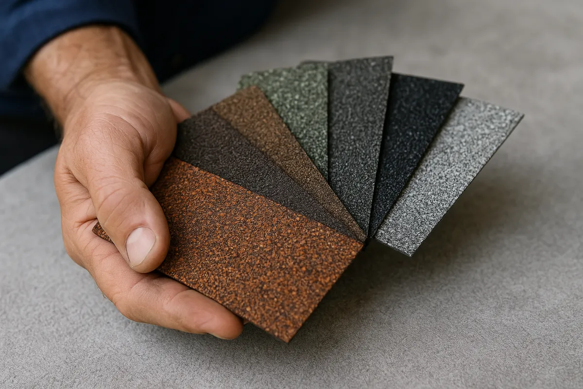 A hand holds various textured and colored shingle samples on a soft grey surface, relevant for roofing evaluations.