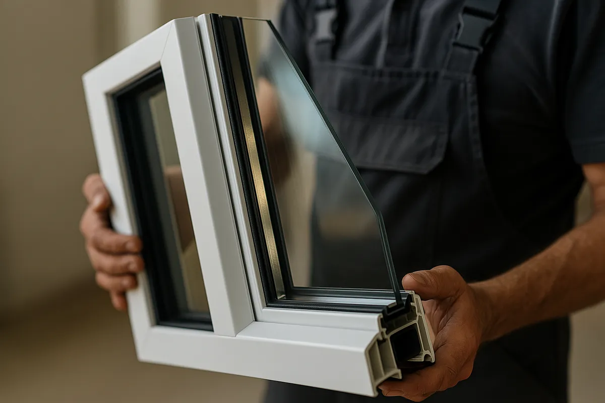 A skilled installer holds a sleek, energy-efficient window frame, highlighting its craftsmanship and weatherproofing.