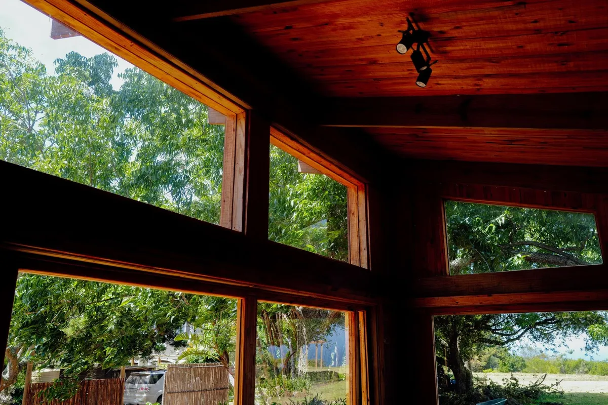 Warm wooden interior with large windows showcasing a lush green landscape, enhancing home aesthetics.